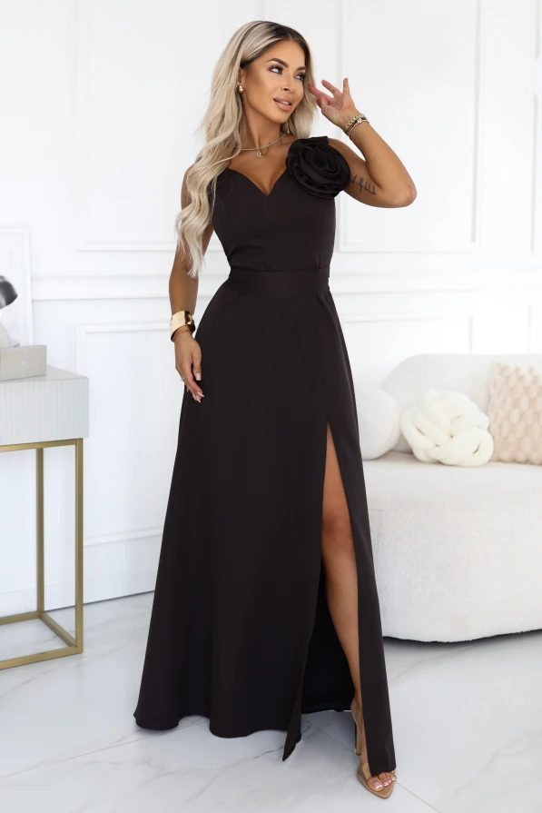 669-5 – romantické maxi šaty, čokoládově hnědé