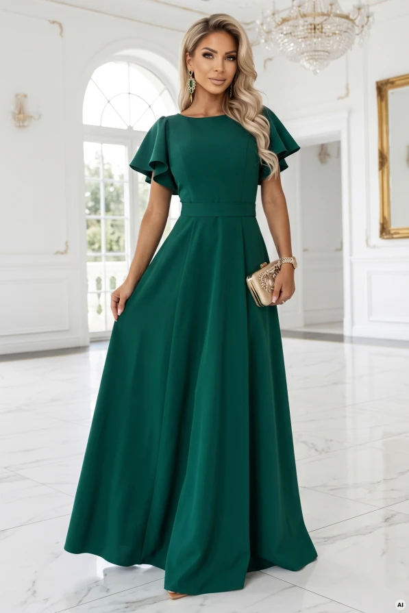 MIRELLA – rozevláté maxi šaty, tmavě zelené